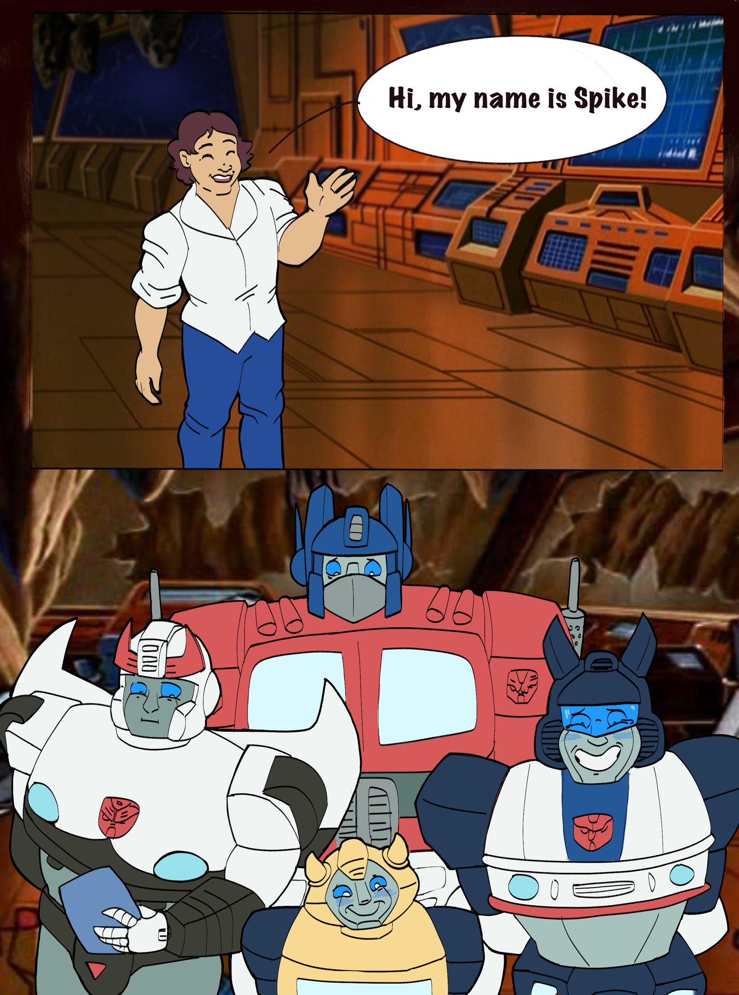 Spike says his name while the Autobots try not to laugh