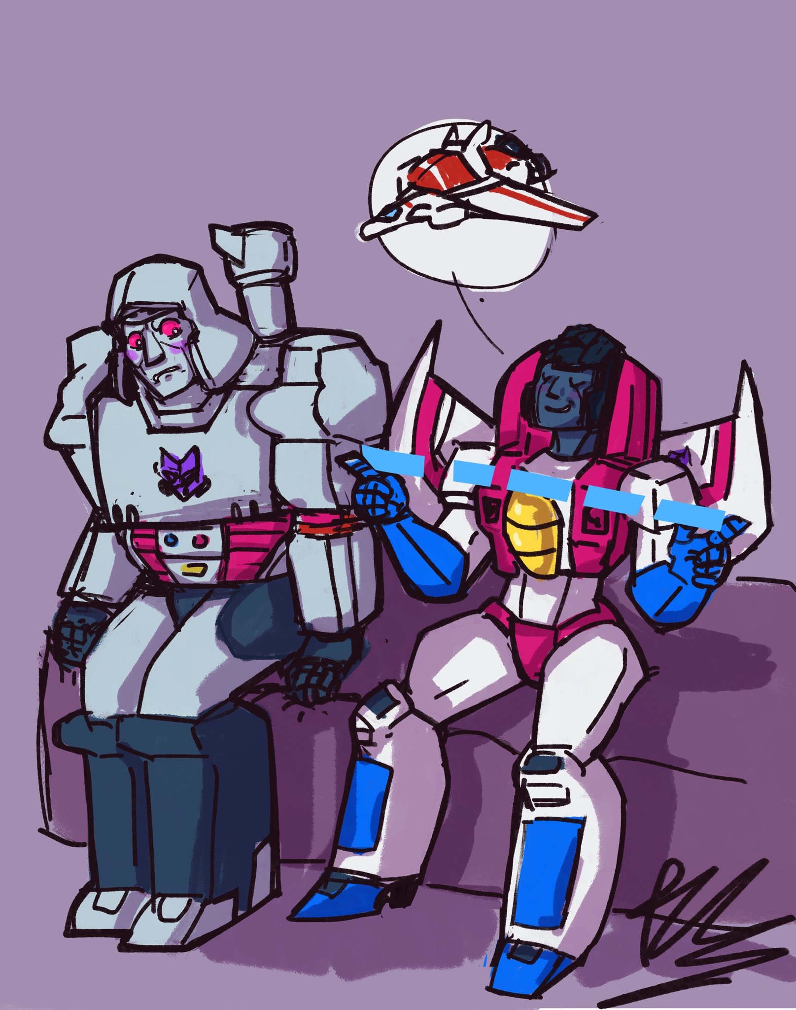 Megatron sitting tense at the end of a bed as Starscream streaches his arms out comically to demonstrate the size of Skyfire's dick