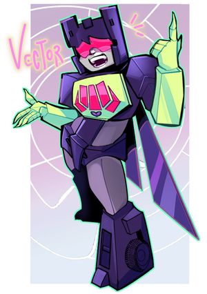 A Transformer who is green and purple with rotors on her back
