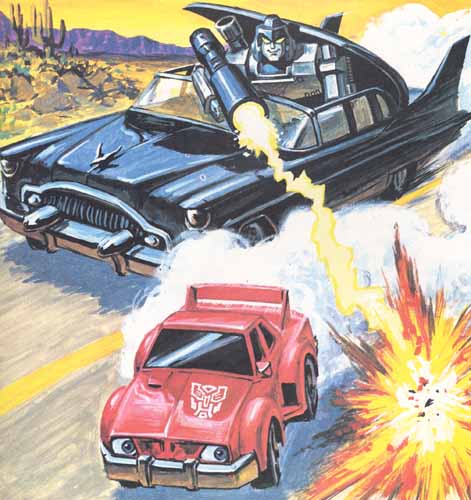 Megatron shooting his cannon at Cliffjumper in car mode from his evil black car